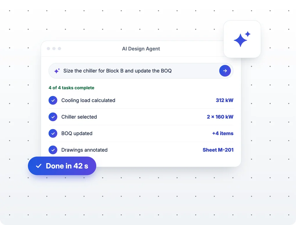 The AI Design Agent completing four tasks from a one-line request: cooling load, chiller selection, BOQ update and drawing annotation