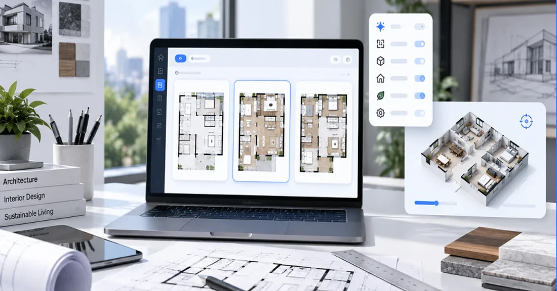 Three AI-generated layout options on a laptop, beside the hand-drawn plans they started from