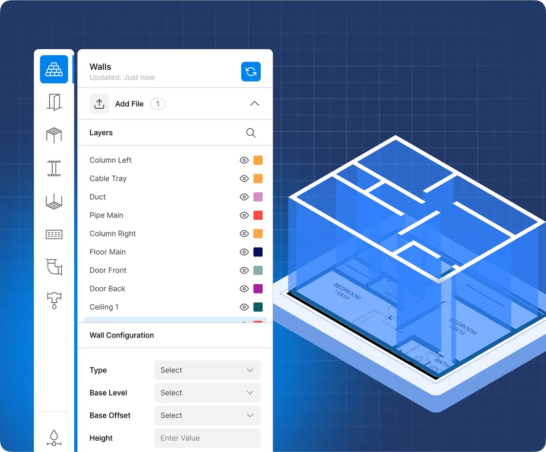 CAD to Revit: the wall configuration panel beside the converted 3D model