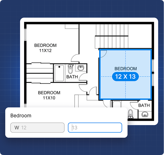 A bedroom resized from 11 x 12 to 12 x 13 on a floor plan